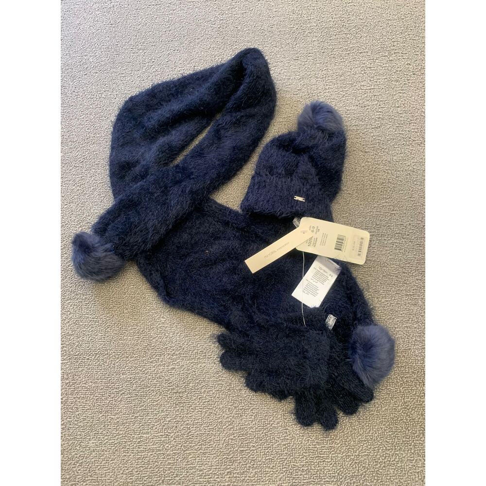 Mayoral Kids 6-9 3 in 1 Set Blue Fuzzy Pompom Hat Scarf Mitten‎ New